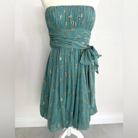 BCBGMaxAzria Teal and Gold Midi Dress - Picture 1 of 9